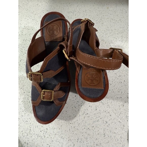 Tory Burch Women’s Wedges Florian Denim Brown Leather Platform Sandals Heels 8M - Picture 7 of 12